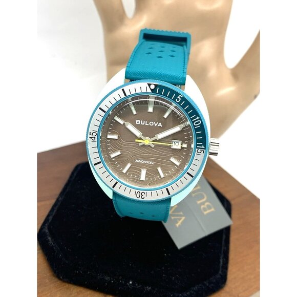 Bulova Men's Watch 98B446 Snorkel Sea Turtle Quartz Brown Dial Turquoise Rubber - Picture 1 of 15